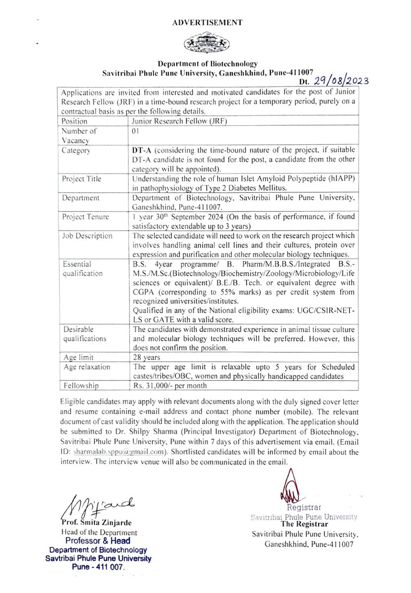 We are looking forward to hire a JRF in the Sharma Lab for a sanctioned CSIR project. Even though the position is reserved for candidates from DT and NT category other categories are also encouraged to apply. Do check the eligibility criteria. Last date approaching soon
