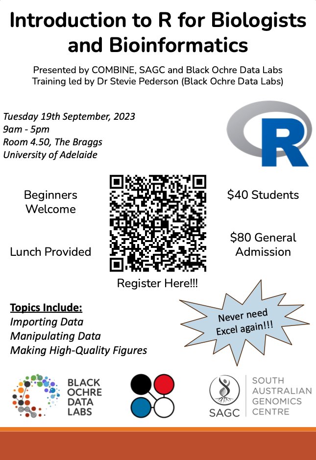 🧬Registrations for the Adelaide Intro to R workshop are now open. Join in the fun and never need to use Excel again! Beginners welcome! Tuesday, Sept 19 · 9am - 5pm ACST Cost: $40 students | $80 General admission ✨ Register at eventbrite.com.au/e/introduction…