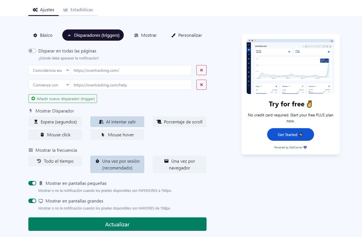 marioarmentaart's tweet image. Cuando alguien visita la home de Overtracking y va a salirse de la web le salta un pequeño popup con una prueba gratis. 

Este popup tiene un 3% de CTR. 2 o 3 de cada 100 personas que pensaban en irse acaban entrando para probar gratis.

Lo cree y configuré así, sin programar ni…