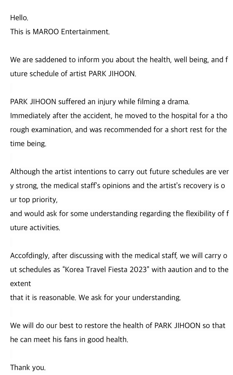 marrywink's tweet photo. 📣Notice on Park Jihoon’s health, well being and future schedule

Get well soon🥺🙏🏻 https://t.co/ZfWFFTv5Xp