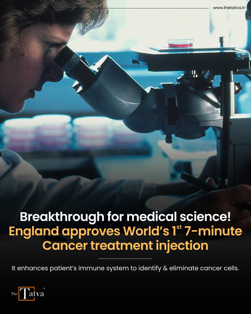 thetatvaindia's tweet photo. Britain’s state-run national health service will be the first in the world to offer an injection that treats cancer to hundreds of patients in England which could cut treatment times by up to three quarters.

Following approval from the Medicines and Healthcare products Regulatory Agency (MHRA), NHS England said on Tuesday (Aug 29) hundreds of eligible patients treated with the immunotherapy, atezolizumab, were set to have “under the skin” injection, which will free up more time for cancer teams.

Atezolizumab is usually given to patients intravenously via an IV drip but many of them will now be given the immunotherapy via an injection.

The drug, also known as Tecentriq, treats different types of cancer, including lung, breast, liver and bladder cancers. It is given to about 3,600 patients in England each year.

"This approval will not only allow us to deliver convenient and faster care for our patients, but will enable our teams to treat more patients throughout the day," said Dr Alexander Martin, a consultant oncologist at West Suffolk NHS Foundation Trust, while speaking to Reuters.

Manufactured by Genentech, a subsidiary of Roche company, this immunotherapy medication enhances the patient’s immune system to identify and eliminate cancer cells. The therapy is currently administered through transfusion to NHS patients diagnosed with various types of cancer, such as lung, breast, liver, and bladder cancers.

NHS England said the faster treatment came at no extra cost because of its existing commercial deal negotiated with the manufacturer Roche.

Marius Scholtz, medical director for Roche, said: “Injecting Tecentriq under the skin offers a faster treatment option as it takes approximately seven minutes, compared with 30 to 60 minutes for the current method of an intravenous infusion of Tecentriq.

“We are delighted that NHS patients across England have access to the subcutaneous PD-L1 cancer immunotherapy injection.”
.
.
.
#TheTatva #TatvaNews #India #UK #England #UnitedKingdom #Health #Science #Medical #Britain #London #Cancer #Jab #Injection #Treatment #Medicine
