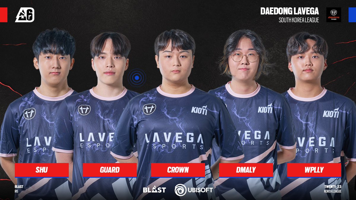 BLAST R6 South Korea League roster
<Daedong LAVEGA> <a href="/lavegaesports/">Daedong LAVEGA e-Sports</a> 
Crown <a href="/CrownSIEGE/">Crown</a>
dmaly <a href="/dmaly__/">dmaly.</a> 
Guard <a href="/Guard_R6/">Guard 🛡️</a>
Shu99 <a href="/ShuShuR6s/">SHU99</a> 
Wplly <a href="/Wplly_/">Wplly</a>