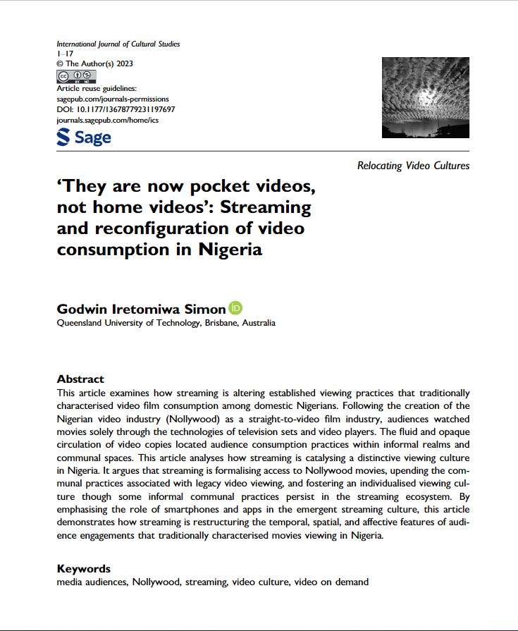 Excited to share my  article just out in <a href="/IJCS_journal/">International Journal of Cultural Studies</a>  which explores how streaming reconfigures video consumption culture in Nigeria. It's part of the globally-scoped "Relocating Video Cultures" special issue edited by <a href="/DrTVLotz/">Amanda Lotz</a>. Open access via journals.sagepub.com/doi/10.1177/13…