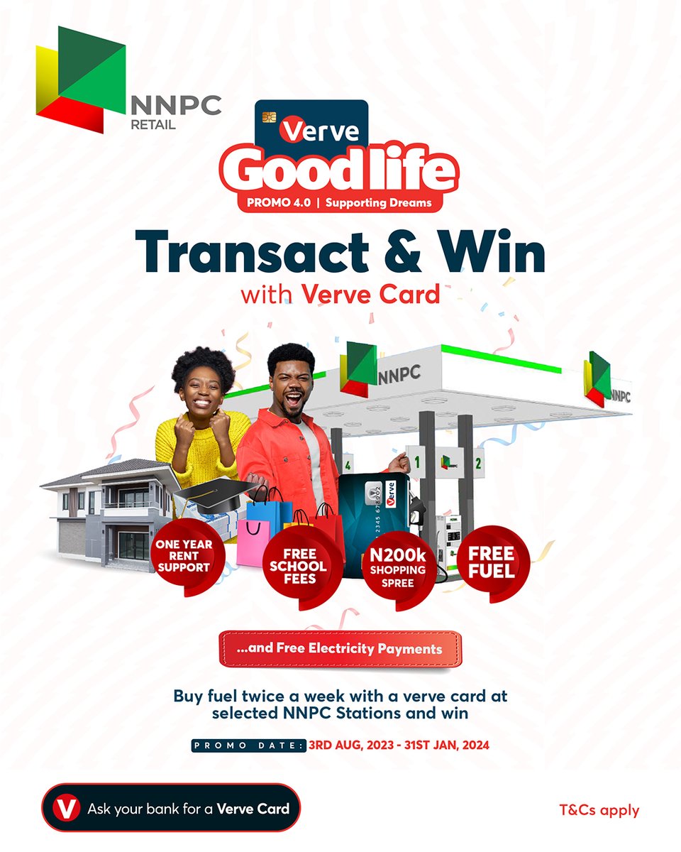 nnpclimited's tweet photo. Fuel up twice a week at selected NNPC Retail stations nationwide, pay with your VERVE card, and stand a chance to win FREE FUEL vouchers and other consolation prizes!

Fuel, swipe, win!

#VerveCardPromo 
#EnergyforToday 
#EnergyforTomorrow https://t.co/ulncWRuT0q