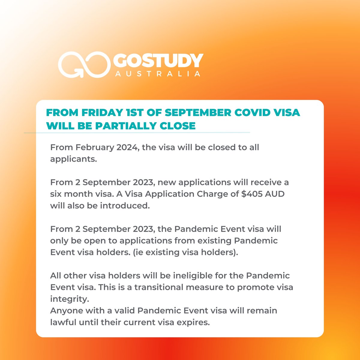 GoStudyAus's tweet image. News Alert: Changes to COVID Visa 408 🇦🇺

📢Visa Closure from February 2024

📅 Transition Period: From 2nd September 2023
From September 2, 2023, the Pandemic Event visa will solely be open for applications from existing Pandemic Event visa holders. #GoStudy #GoStudyAustralia