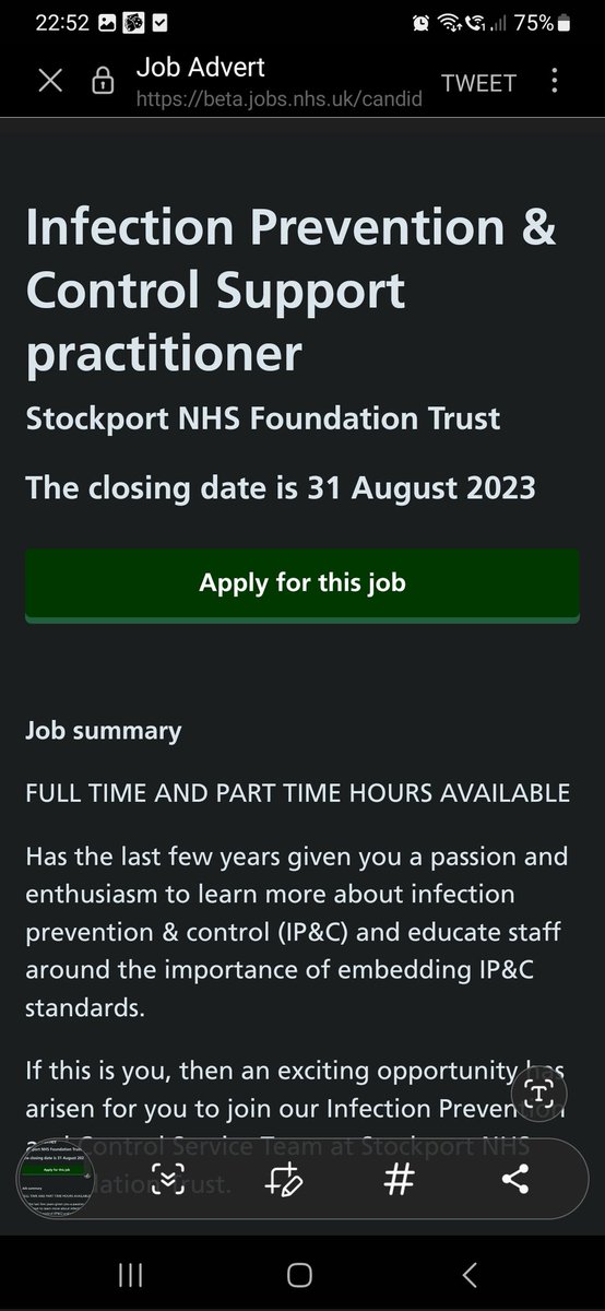Did you know today is the closing date for the Infection Prevention &amp; Control support practitioner 
Click on the link for more information and to apply.
beta.jobs.nhs.uk/candidate/joba…
<a href="/Nesta_NHS/">Nesta</a> <a href="/NicolaFirth6/">Nicola Firth</a> <a href="/helshow1/">HH</a> <a href="/StockportNHS/">Stockport NHS FT</a> <a href="/HCAsStockport/">HCSWs@StockportNHSFT</a>