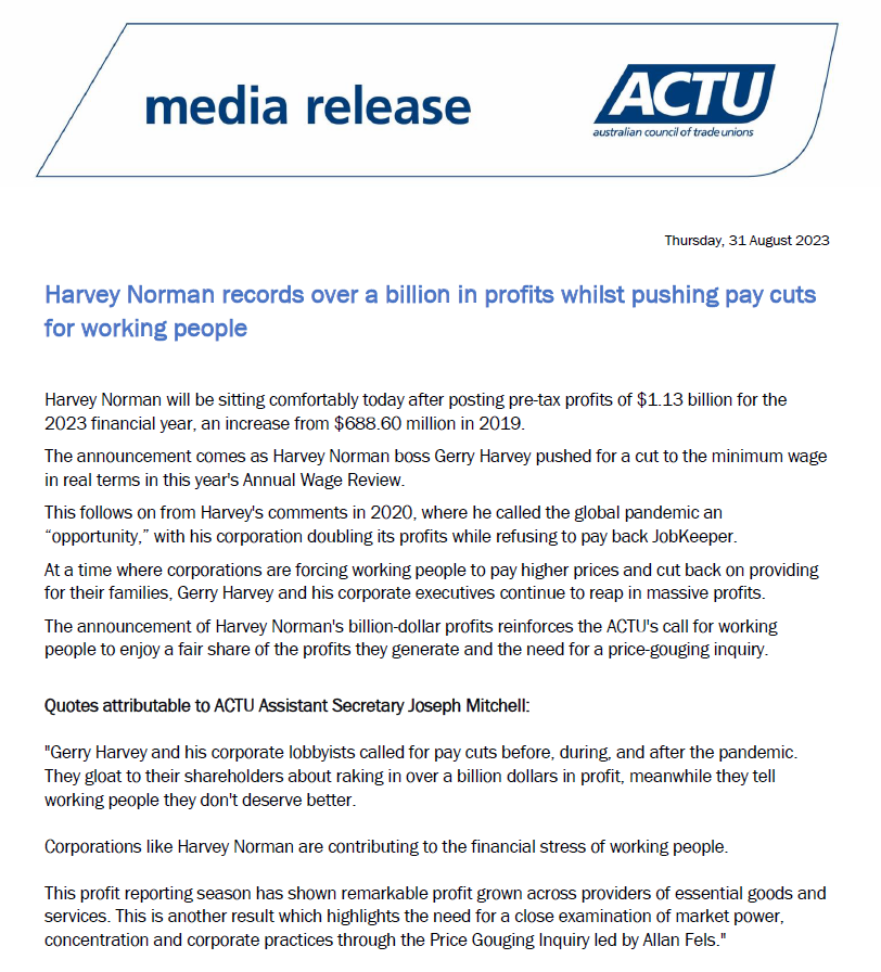 unionsaustralia's tweet photo. Media release: Harvey Norman records over a billion in profits whilst pushing pay cuts for working people https://t.co/i901Jj63lB