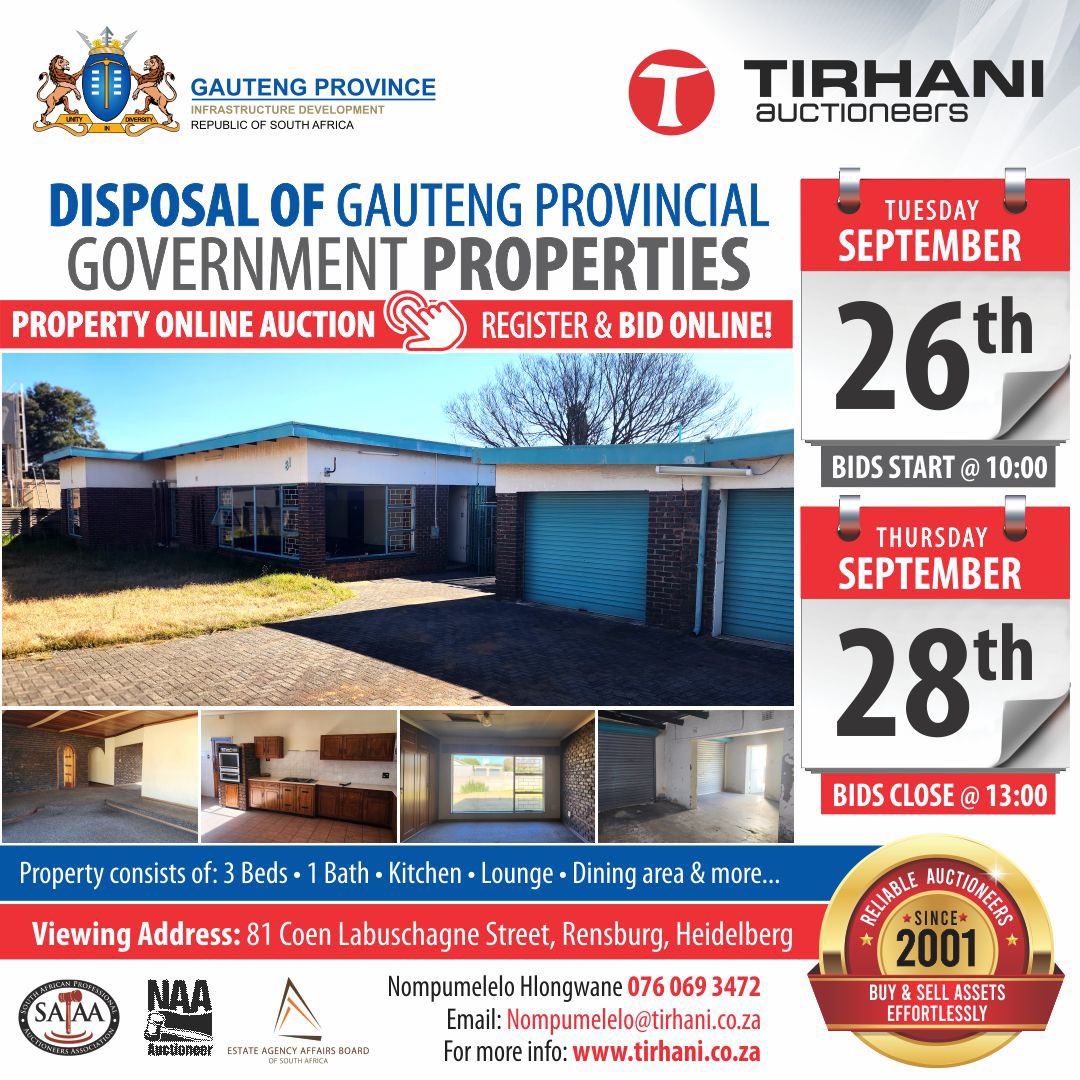 SAPAA_SA's tweet photo. @TirhaniAuctions together with @GautengProvince are disposing of 3 Gauteng Provincial Government-owned Residential Properties via Online Auction. 

Visit their website at https://t.co/KfYuAg6uHk to register and bid on the auction. 

#SAPAA https://t.co/s0x9W2dZ7E