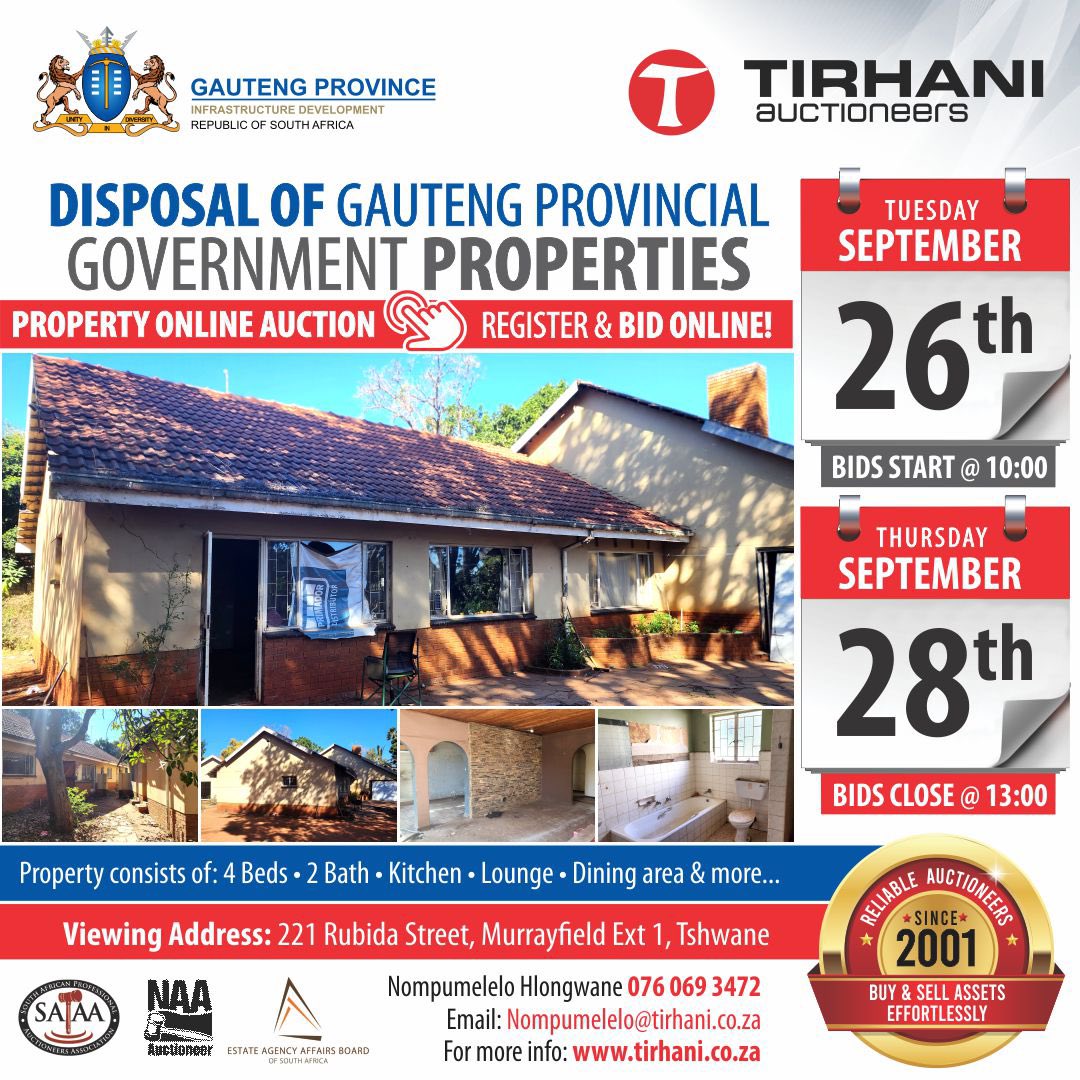 SAPAA_SA's tweet photo. @TirhaniAuctions together with @GautengProvince are disposing of 3 Gauteng Provincial Government-owned Residential Properties via Online Auction. 

Visit their website at https://t.co/KfYuAg6uHk to register and bid on the auction. 

#SAPAA https://t.co/s0x9W2dZ7E