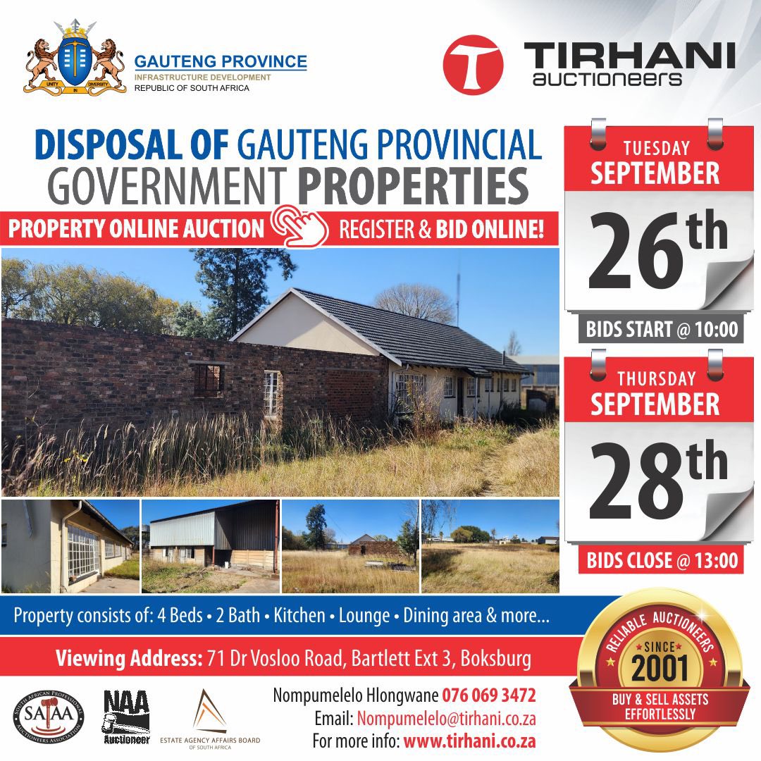 SAPAA_SA's tweet photo. @TirhaniAuctions together with @GautengProvince are disposing of 3 Gauteng Provincial Government-owned Residential Properties via Online Auction. 

Visit their website at https://t.co/KfYuAg6uHk to register and bid on the auction. 

#SAPAA https://t.co/s0x9W2dZ7E