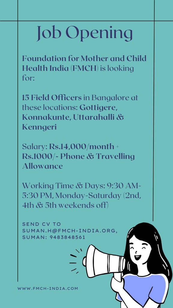 FMCHIndia's tweet photo. Exciting news! We are looking for field officers in Bangalore to join our growing team!

Know someone who’d be interested? Share this post and help us spread the word.

#WeAreHiring #JobAlert https://t.co/QaShvLvWDt