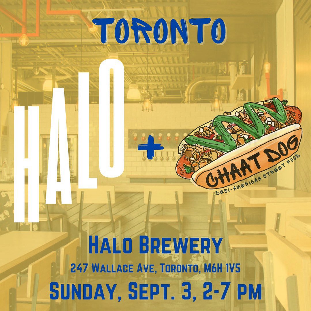We’re taking our Desi Dogs to 🇨🇦! Capping our summer tour Sunday in Toronto at @HaloBrewery, pairing chaat-topped wieners with Halo’s eclectic brews. Who’s #chaatdogging #chaatdogs #desidawg #desidogs #weinerwalla #glizzywalla #hotdogs #desiamerican #desiamericanstreetfood