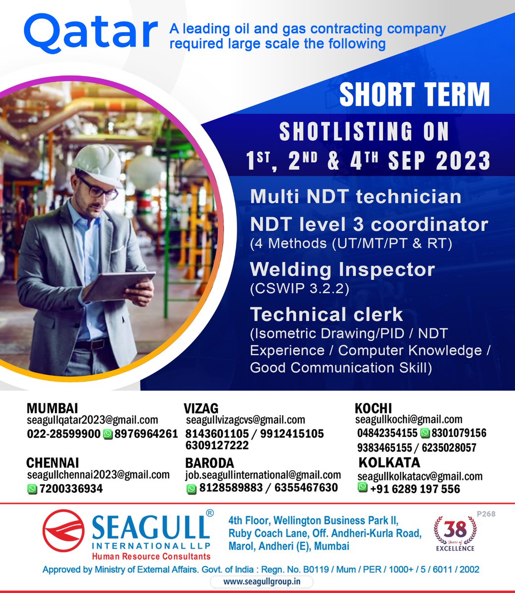 hrd1_seagull's tweet photo. 🇶🇦Qatar Jobs
✔️Short Term Project
🗓️Shortlisting On 1st , 2nd & 4th September
📍Location- Mumbai , Vizag , Kochi , Chennai , Baroda , Kolkata
.
.
.
#qatarjobs #seagull #mumbaijobs #vizagjobs #kochijobs #chennaijobs #barodajobs #kolkatajobs #multindttechnician #weldinginspector https://t.co/VzFT0dm0pg