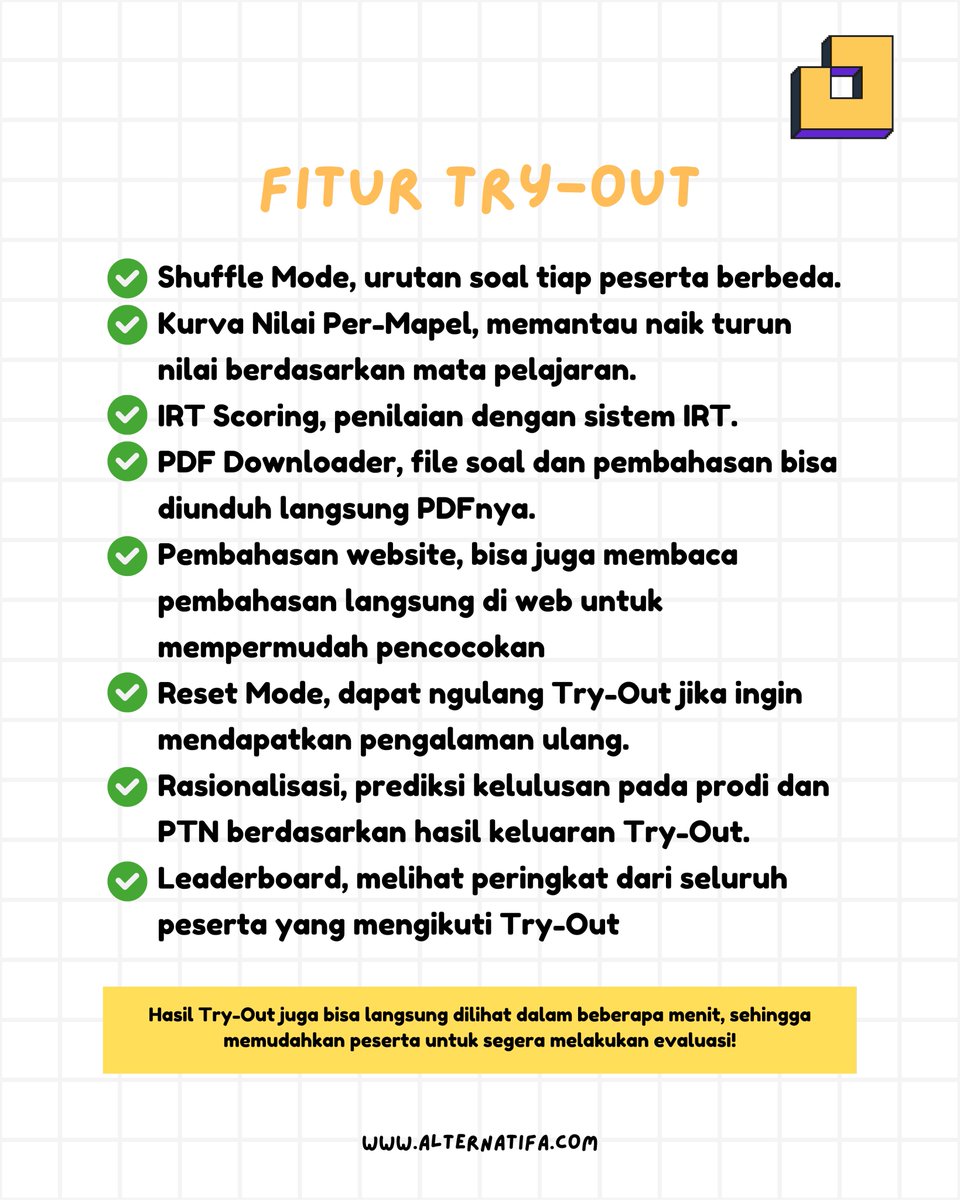 Try-Out yang kami selenggarakan bersifat GRATIS dengan penuh kesadaran! Seluruh peserta akan mendapatkan akses pada fitur utama secara penuh: pembahasan, rasionalisasi, pemeringkatan, dan penilaian IRT.