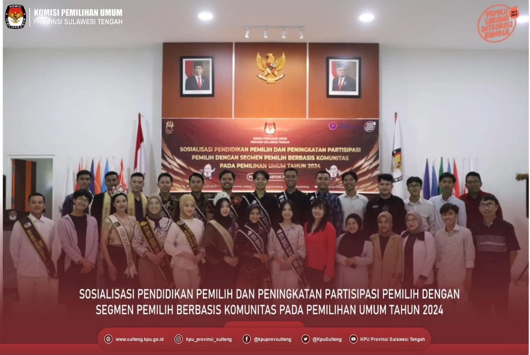 KpuSulteng's tweet photo. #TemanPemilih, Komisi Pemilihan Umum Prov Sulawesi Tengah menyelenggarakan Kegiatan Sosialisasi Pendidikan Pemilih dan Peningkatan  Pemilih dengan Segmen Komunitas Pada Pemilihan Umum Tahun 2024. Senin 14/08/23.

#KPUMelayani
#PemiluSerentak2024 https://t.co/8hOQtVKdT6