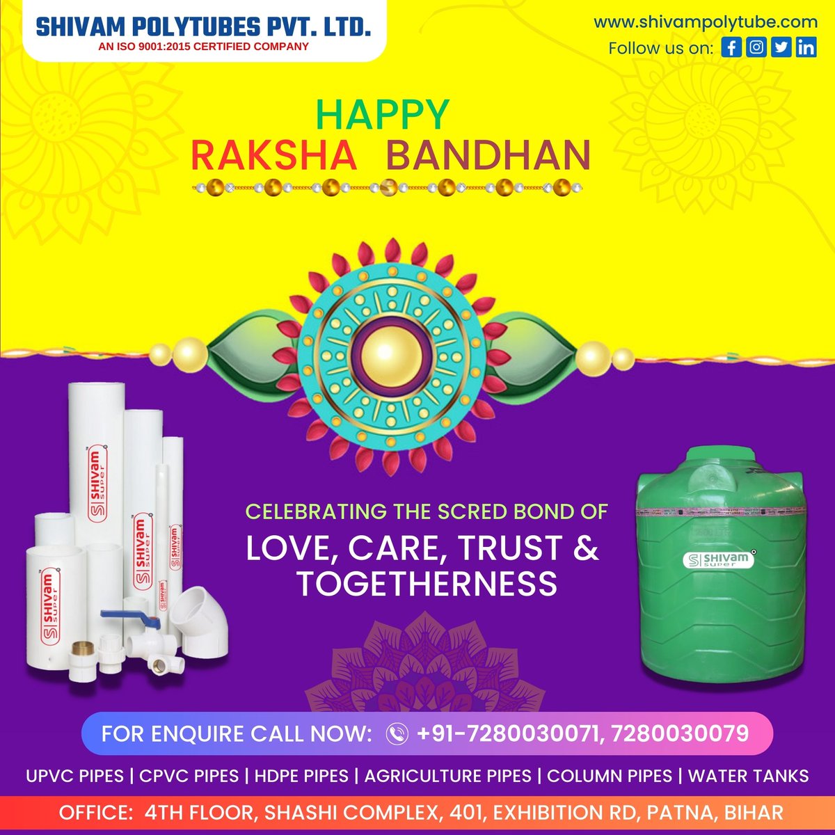 LimitedShivam's tweet photo. Wishing you a Happy #Rakshabandhan! Celebration the scred bond of Love, Care, Trust & Togetherness. May this #RakshaBandhan bring happiness and joy to you and your family. #shivampolytubes #shivamsuper #upvcpipe #cpvcpipe #happyrakshabandhan2023 #rakhi #sisterandbrother festival https://t.co/VG07GHIz17