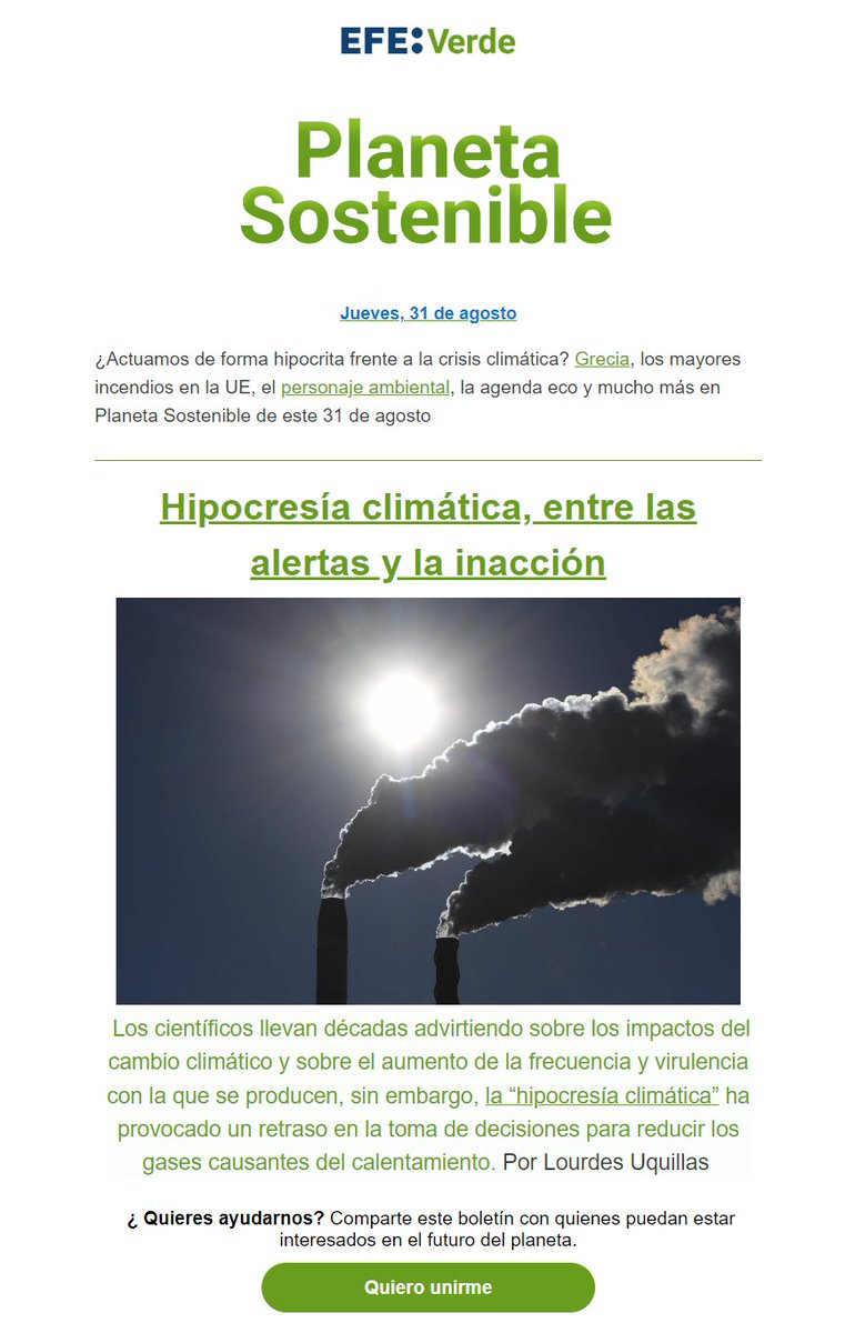 EFEverde's tweet photo. ¿Actuamos de forma hipocrita frente a la crisis climática? Grecia, los mayores incendios en la UE, el personaje ambiental, la agenda eco y mucho más en el ejemplar semanal de #PlanetaSostenible de @efeverde  para despedir agosto https://t.co/e0jFaLrq6J https://t.co/7HjW5VY7Mr