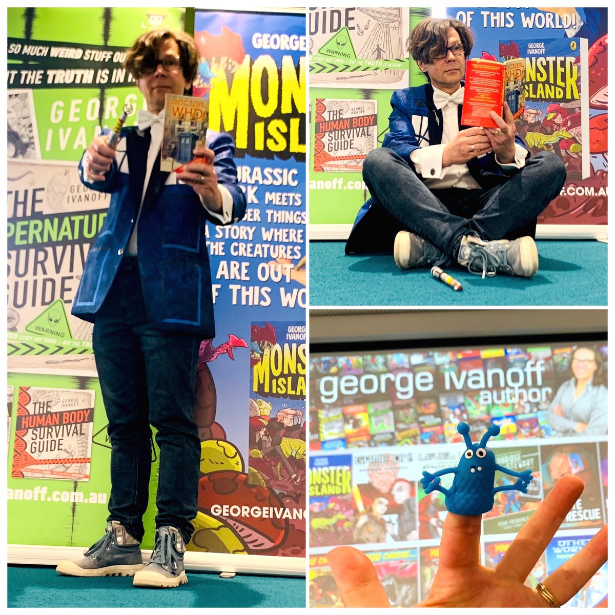Fun day with Year 7s at Clyde Sec College today. It was Book Week dress-up day, so I wore my TARDIS jacket and brought along a DOCTOR WHO book. One of the Year 8s, who I would have presented to last year, gave me a finger puppet and asked if I could use it in my presentations. 😂