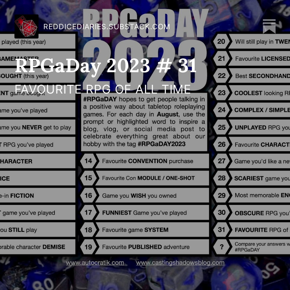 RedDiceDiaries's tweet photo. It's the final day of #RPGADAY2023 and in my last official post for it I'm talking about one of my FAVOURITE RPG books of all time:
https://t.co/0FudT5UWsu
#reddicediaries #TTRPG #TT #RPG #OSR #DND #Midderlands #MonkeybloodDesign https://t.co/BiLW7aD1z5