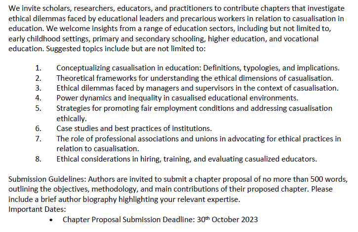#Callforchapters: are you interested in the ethical dilemmas of precarious workers, those who supervise their work, and the educational institutions in which they are employed? @Jess_Harris2 @NeridaSpina @sarahkgurr @jillblackmore1