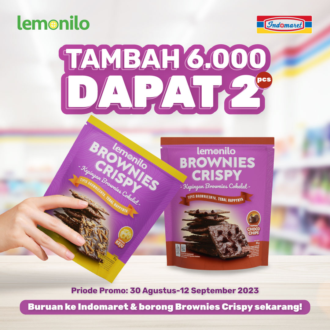 Emang boleh se-promo ini 🥰 Yuk, buruan borong Brownies Crispy di Indomaret! (tag/mention akun indomaret) Jangan lupa follow media sosial Lemonilo untuk info promo produk Lemonilo lainnya!