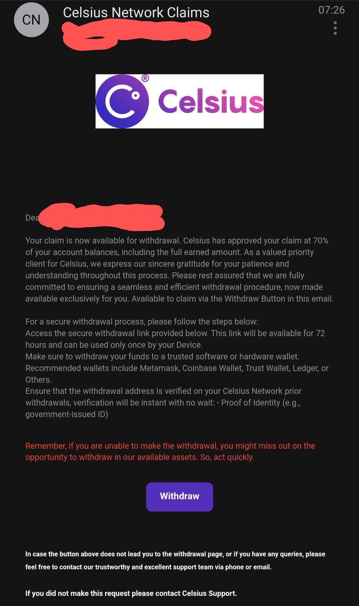 DeFiFrontiers's tweet photo. @SimonDixonTwitt it appears that our personal data has been leaked in the Celsius bankruptcy case. This is the scam email I received. It almost looked like a legit @CelsiusNetwork email. https://t.co/N9R4eg6ESi