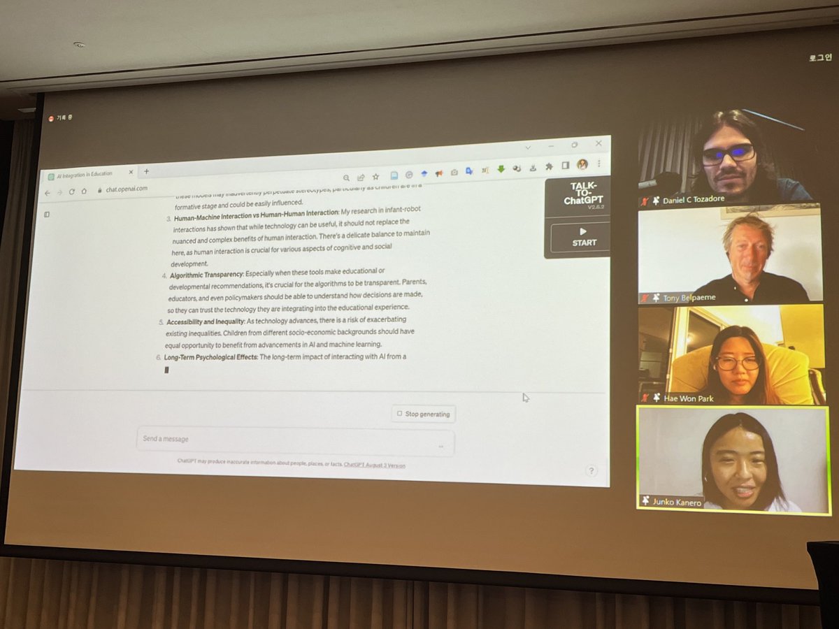 wafajohal's tweet photo. ChatGPT acting as the third panelist of the panel on LLMs for #robots4learning @ieeeroman https://t.co/4JExWW1cPH