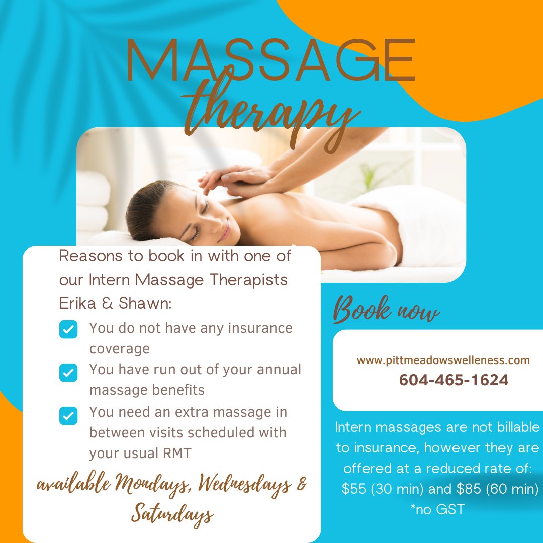 PM_Wellness_Ctr's tweet photo. #massagetherapy #onlinebookingavailable #pittmeadowswellness #pittmeadows #wellness #health #interns #massage https://t.co/UhEH27sejP