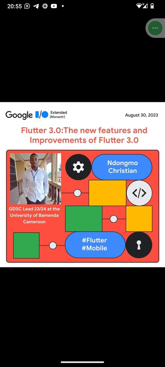 ndongmochrist's tweet image. Just had an incredible speaking opportunity at GoogleIOExtended Monastir - Tunisia, where I showcased the latest and greatest in Flutter 3.0! As the GDSC Lead at the University of Bamenda, it was an unforgettable experience.#GoogleIOExtended #Flutter3 #GDSC #CommunityEngagement"