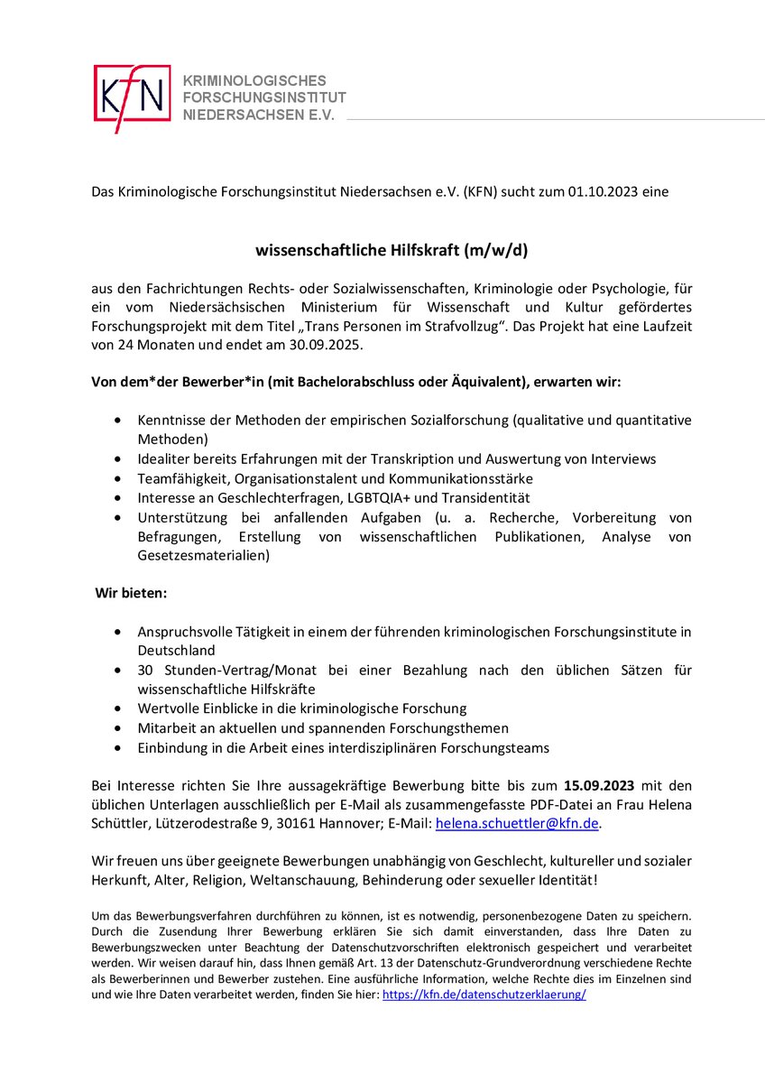 Im Projekt "Trans Personen im Strafvollzug" wird eine wissenschaftliche Hilfskraft (m/w/d) gesucht!