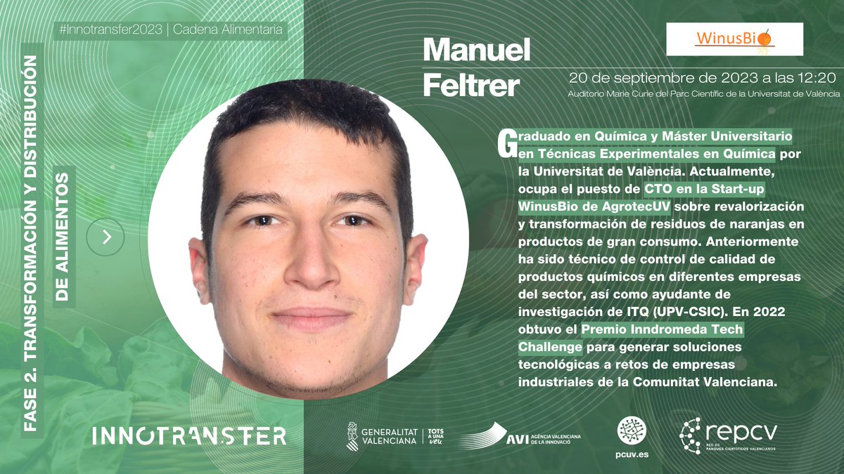 parccientificuv's tweet photo. 🌿| #Innotransfer
Manuel Feltrer, CTO de la Startup #WinusBio, será uno de los ponentes de la jornada presencial @innotransfer sobre las fases de la #CadenaAlimentaria
📅 20-S, #PCUV
➡️Confirma tu asistencia agroalimentacion@innotransfer.org
https://t.co/aTvK5k7Bbn https://t.co/NL5ekY3fee