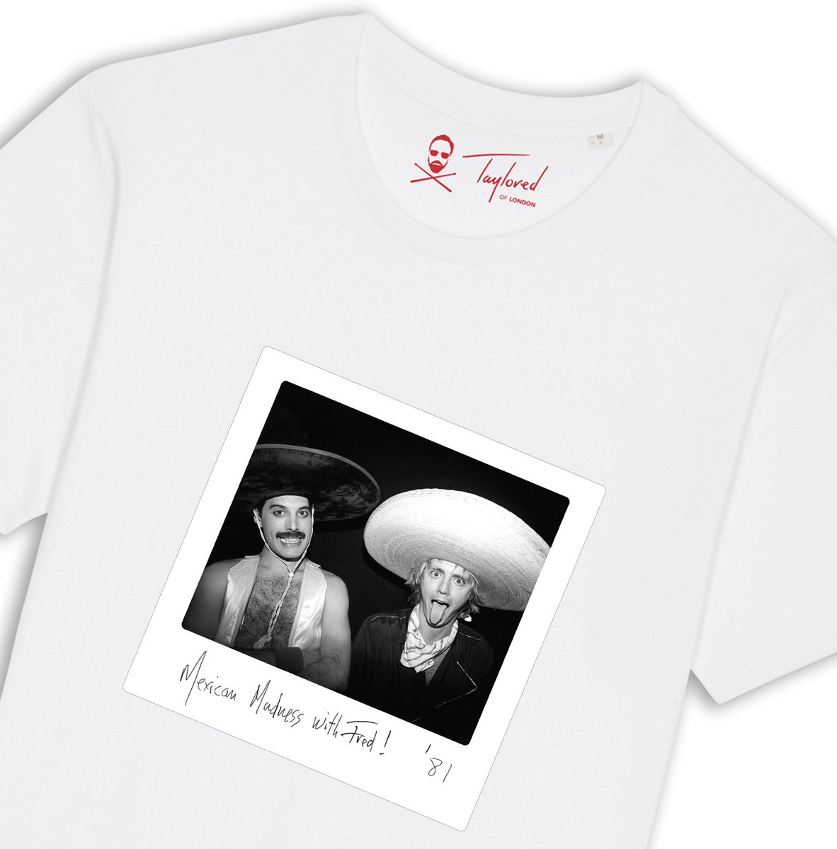 The_MPT's tweet image. “2 amigos…always. This picture was taken on our break during Brian’s guitar solo on one of the 2 nights, mid-show, in Puebla Baseball Stadium Mexico City. It was a crazy night” Roger Taylor 🥁

@TayloredLondon
 T-shirt for the Official Freddie Mercury Birthday Party, Montreux!