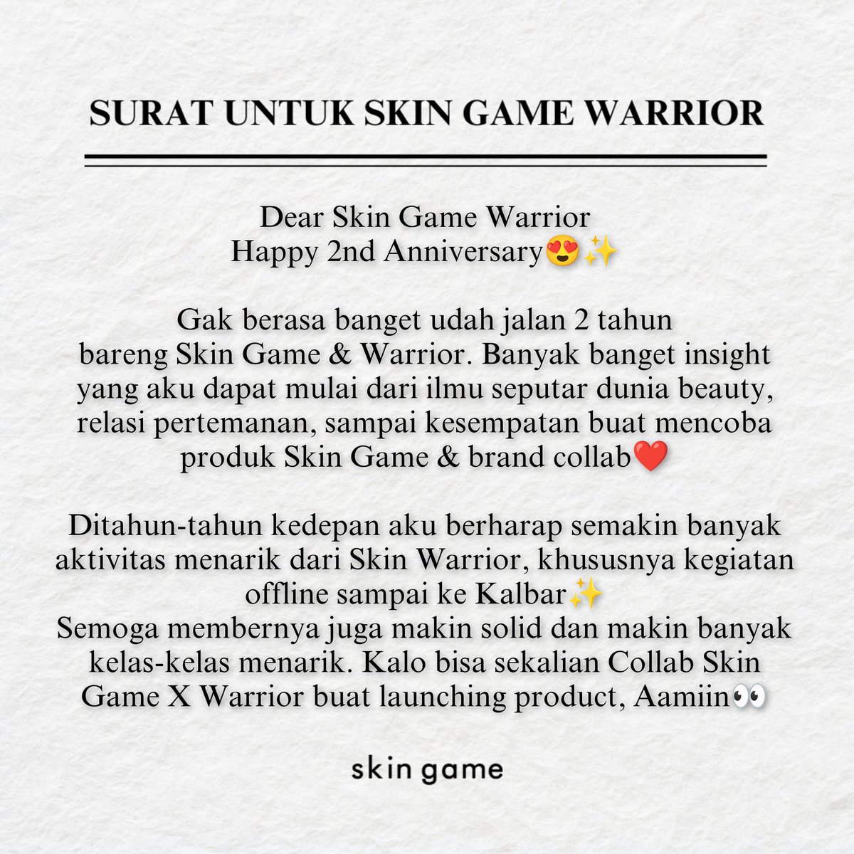 muslimdrmwn's tweet photo. 2 tahun bersama one of the best beauty community in Indonesia, @skingamewarrior by @skingameofc ❤✨

Komunitas yang gak cuma sekedar barter review produk, tapi banyak banget insight buat membernya terus belajar &amp; improve. Doa terbaik buat Skin Game &amp; Warrior✨
#HutSkinWarriors2 https://t.co/vhQs9B2MwW