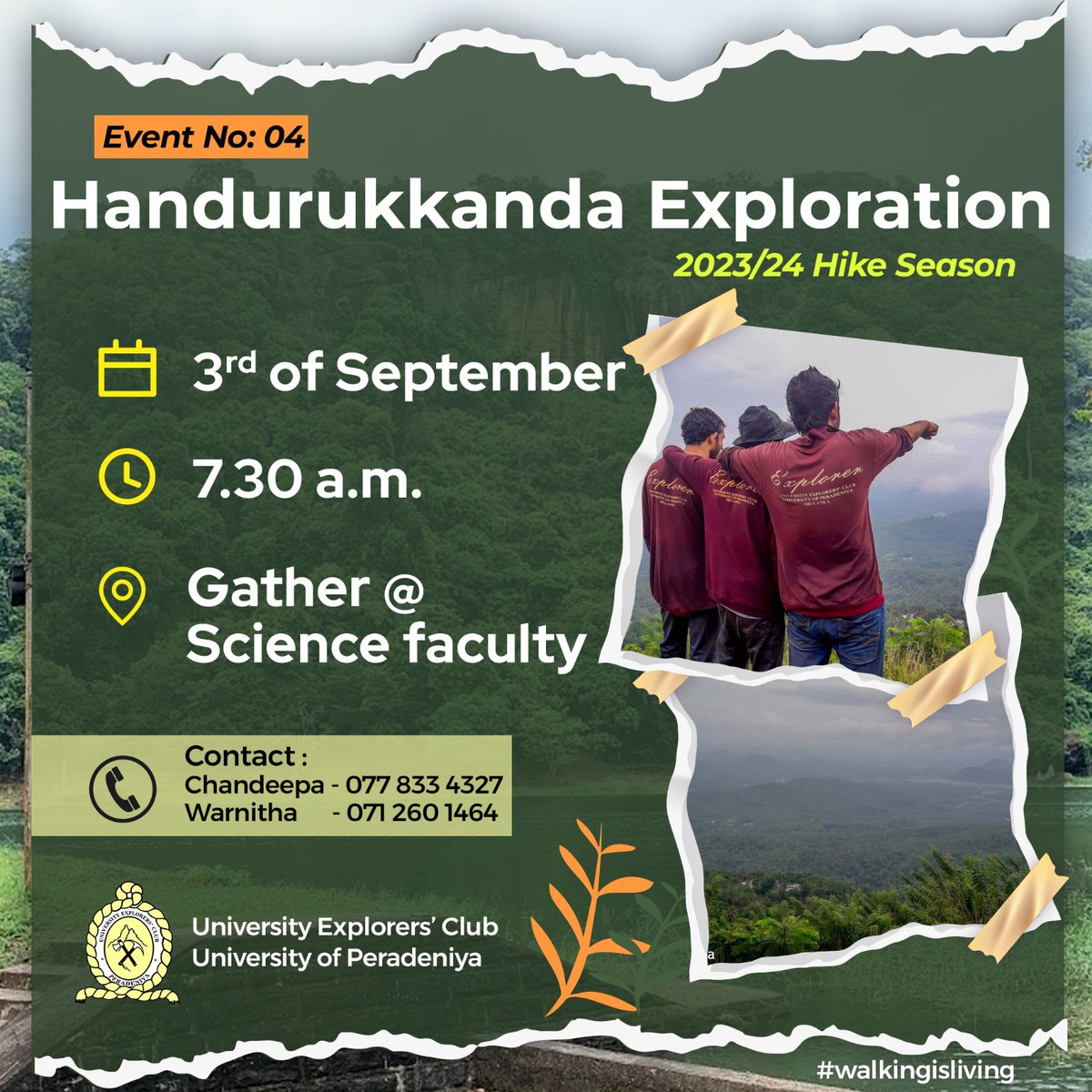 peraexplorers's tweet photo. Event 04: Handurukkanda Exploration 🌿⛰️🚶🏻‍♀️🚶🏻‍♂️

📆 Date : 3rd of September (Sunday)
⏰ Starting time : 7.30 a.m.
📌 Starting Point : Science Faculty 

If you are willing to participate to Handurukkanda event, please fill out the following form.
https://t.co/DfAbI0wnK4 https://t.co/g7aUQYqRWG