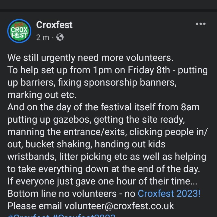 Bottom line no volunteers - no Croxfest 2023! 
Please email volunteer@croxfest.co.uk
#Croxfest #Croxfest2023
#CroxleyGreen #Herts 
#LiveMusic #freefestival 
#musicfestival #communityevent 
#familyfriendly 
#volunteer #volunteersneeded #volunteeropportunity #volunteering