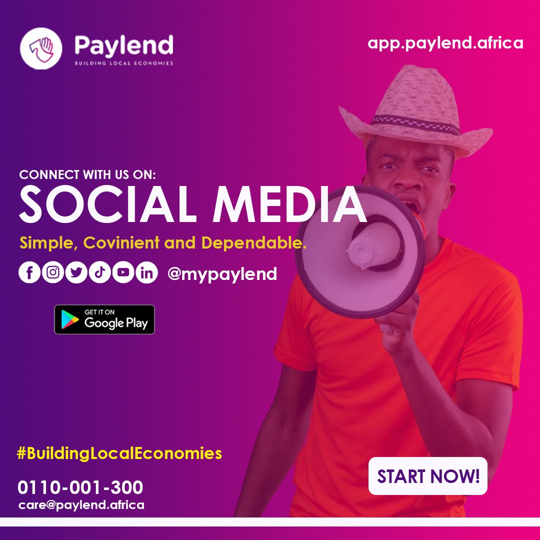 Stay in the loop and be part of our vibrant community!
Connect with us on our social media channels to receive the latest updates, and valuable insights, and engage in empowering conversations. 
 #PaylendCares #EmpowerTogether #mypaylend #BuildingLocalEconomies