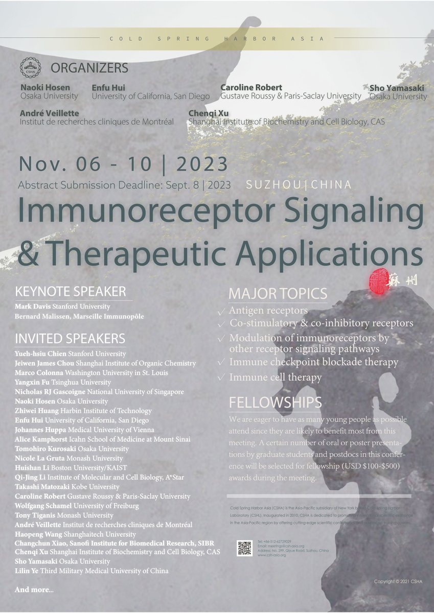 We'd like to welcome everyone back to Suzhou for #CSHAsia meeting on Immunoreceptor Signaling and Therapeutic Applications #Immunoreceptor & #Antigen receptors # Immune cell therapy # CAR T cell therapy in November 2023. Register now via csh-asia.org/?content/1343