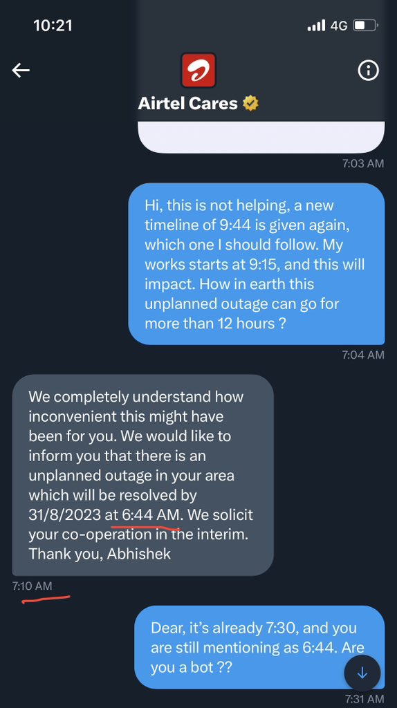 vineeshwins's tweet photo. Do you guys even check before replying. An unplanned outage takes more than 13 hours with several vague commitments. One cannot rely on the Airtel services it use to be. Awful 
@Airtel_Presence @airtelindia https://t.co/IkViMhcCoH