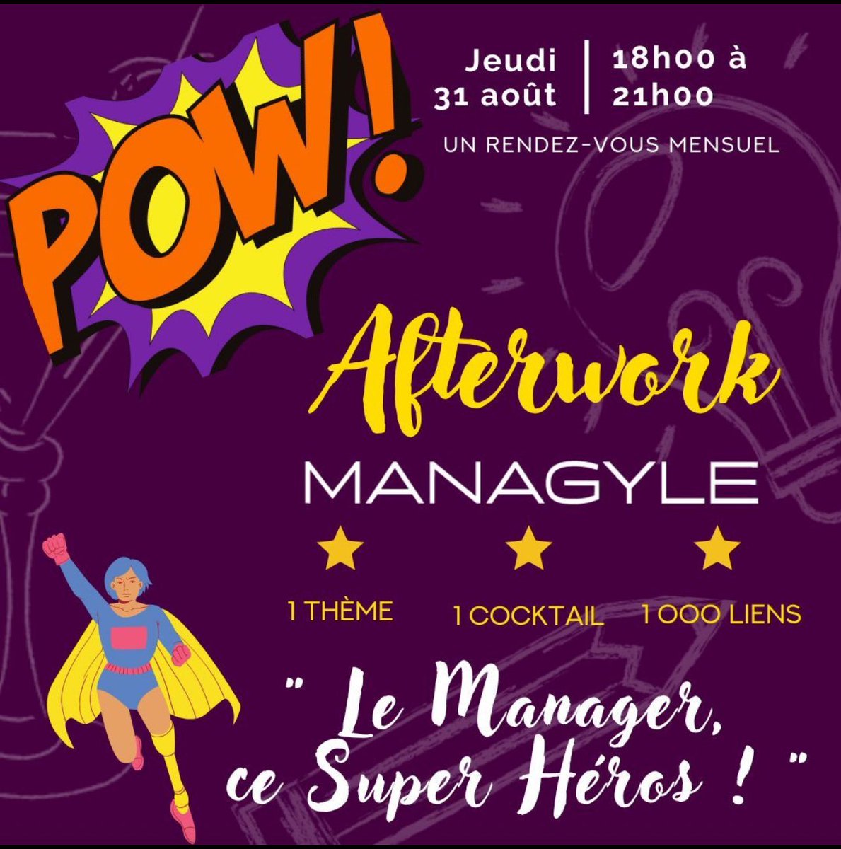 managyle's tweet image. AFTERWORK 
🌳 Le jeudi 31 août, de 18h à 21h
🌲 avec Nicolas BAHUAUD
« Le manager ce super héros ! »
Inscrivez-vous sur ce lien : lnkd.in/e7QSNtVf
…
#managementagile #vendee #formation