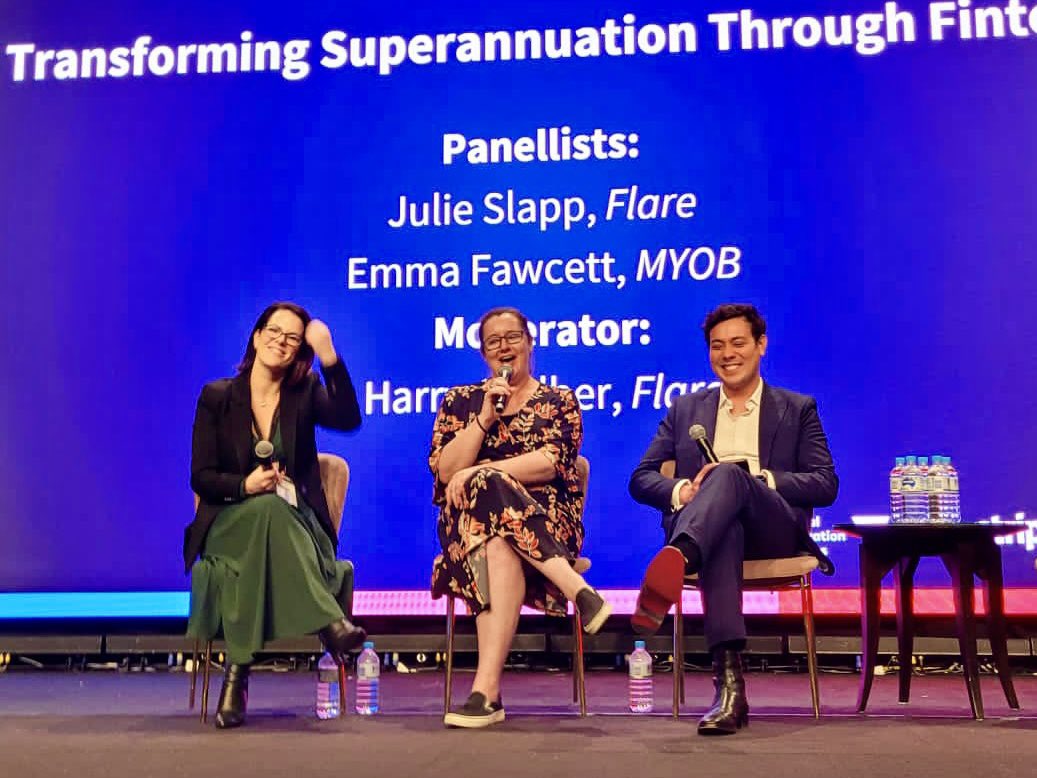 Had a great time speaking at #intersekt2023 with <a href="/FlareAus/">Flare</a>’ Julie Slapp and <a href="/MYOB/">MYOB</a>’s Emma Fawcett! We spoke about how we’re helping transform the super industry through fintech – boosting engagement for members and businesses. Thanks to the <a href="/ausfintech/">FinTech Australia</a> team for an amazing event.