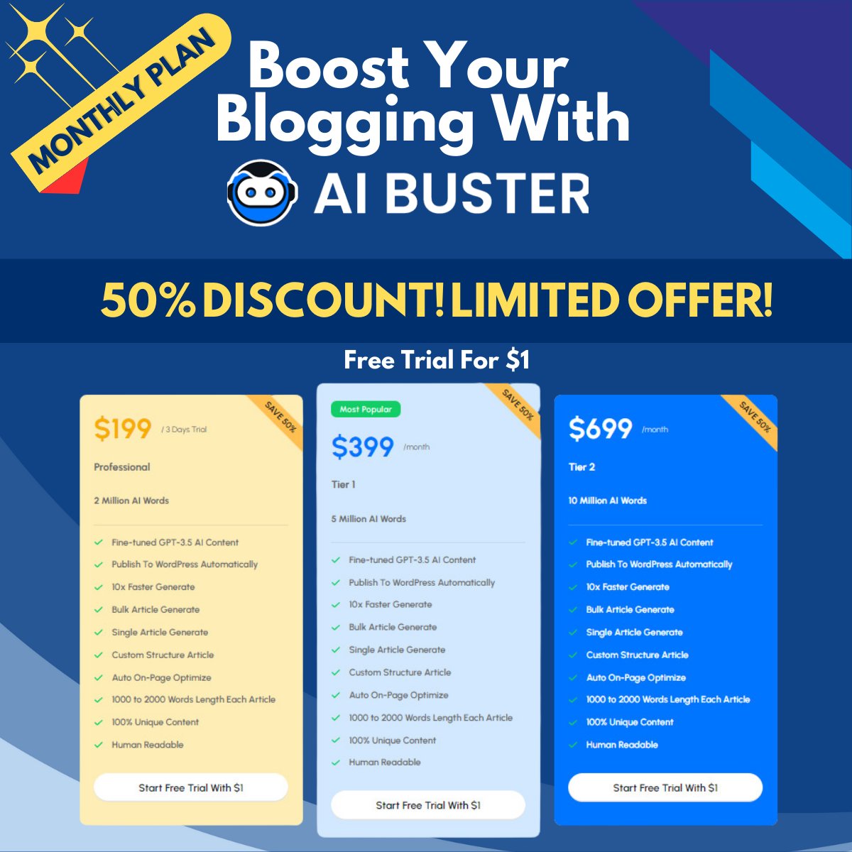 ai_busters's tweet image. Choose the plan that’s right for your business
.
50K Credit &amp;amp; 3-day free trial For $1. Cancel any time
.
If you’d like to receive a 50% discount, please use the coupon code: BUSTER50
.
#AIBuster #autoblogging #bestaiwritingtools #AIwriting #blogging
