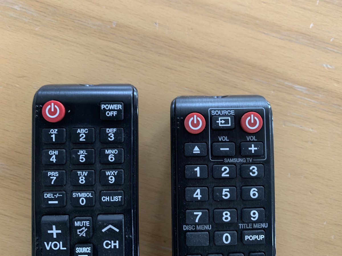One TV.
Two remotes.
Four power buttons.