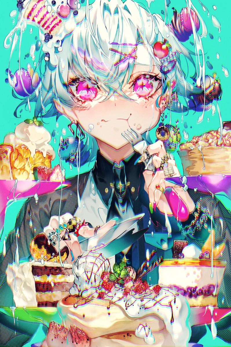 food solo tongue male focus cake white hair pink eyes  illustration images