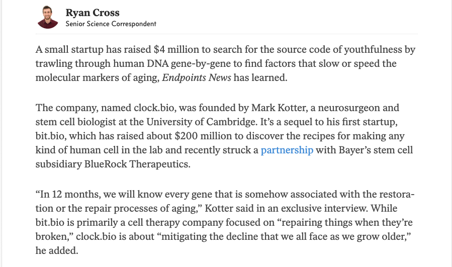 We’re excited to announce the launch of clock.bio with the goal of extending healthspan by 20 years. Thanks Ryan Cross at @endpts for covering our story! endpts.com/exclusive-bit-… #longevity #stemcells #health #rejuvenation