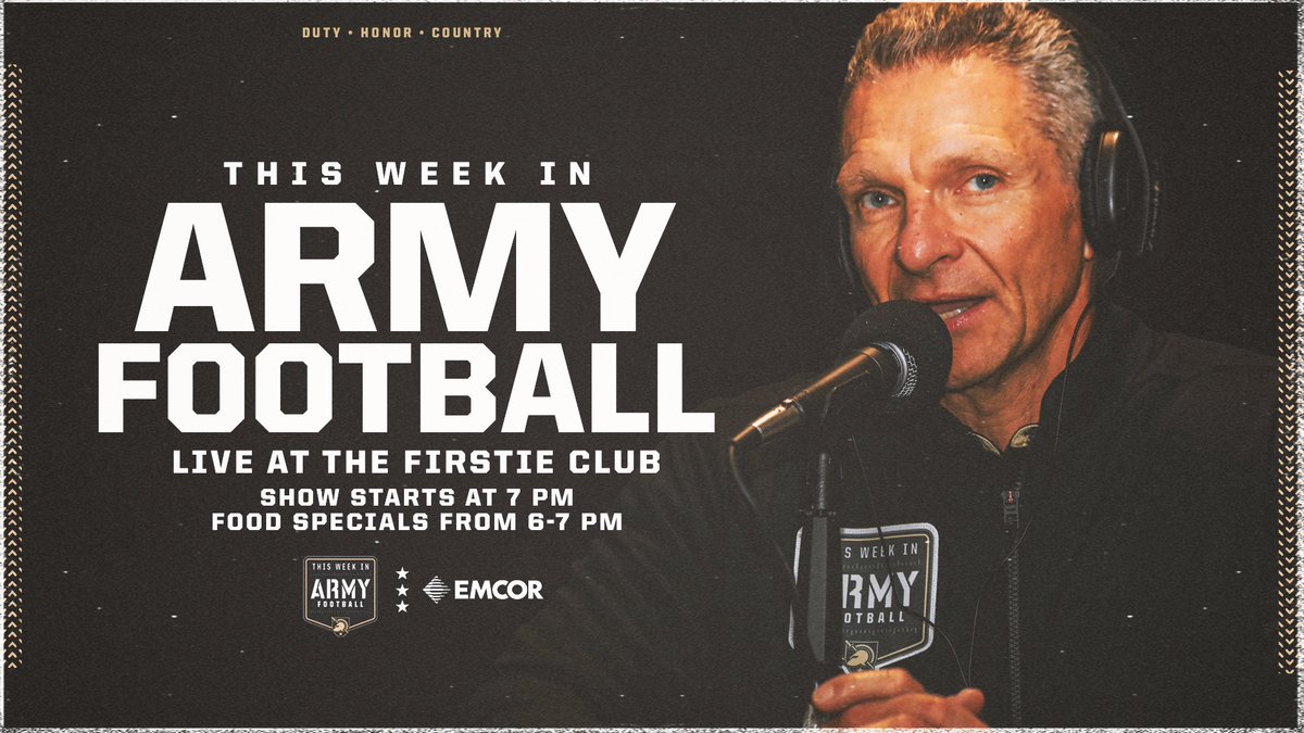 We're on the air tonight at 7 PM from the Firstie Club with @CoachJeffMonken and @richdemarco for This Week in Army Football! Food specials are available from 6-7 PM leading into the show! Fans can watch live on the @GoArmyWestPoint Facebook Page. #GoArmy