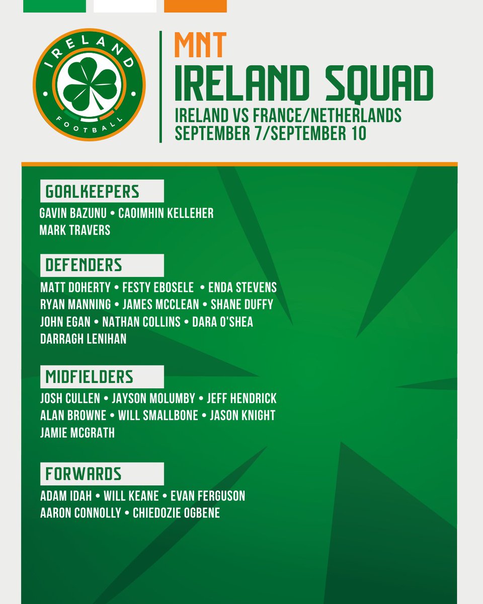 Ireland Football โฝ๏ธ๐ฎ๐ช (@irelandfootball) on Twitter photo ๐ฆ๐ค๐จ๐๐ ๐๐ก๐ก๐ข๐จ๐ก๐๐๐ | France & Netherlands
Shane Duffy, Aaron Connolly, Festy Ebosele, Will Keane, Chiedozie Ogbene, Enda Stevens & Ryan Manning all return to the squad ๐ฎ๐ช
07/09 - ๐ซ๐ท๐๐ฎ๐ช
10/09 - ๐ณ๐ฑ๐๐ฎ๐ช
Exciting squad for two huge fixtures ๐ซ ๐ฆ๐ค๐จ๐๐ ๐๐ก๐ก๐ข๐จ๐ก๐๐๐ | France & Netherlands
Shane Duffy, Aaron Connolly, Festy Ebosele, Will Keane, Chiedozie Ogbene, Enda Stevens & Ryan Manning all return to the squad ๐ฎ๐ช
07/09 - ๐ซ๐ท๐๐ฎ๐ช
10/09 - ๐ณ๐ฑ๐๐ฎ๐ช
Exciting squad for two huge fixtures ๐ซ