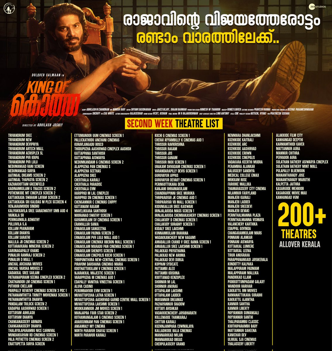 Here’s the 2nd week Kerala theatre list for #KingOfKotha !!! Book your tickets now!!