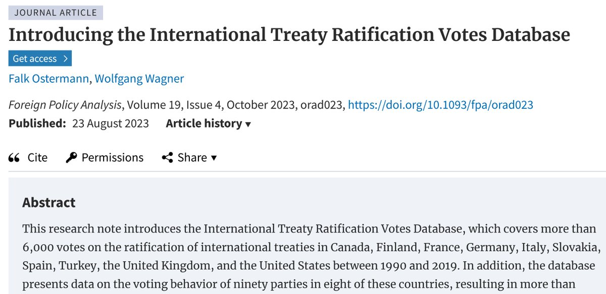 NEW ARTICLE OUT: The International Treaty Ratification Votes Database (ITRVD) How do parliaments vote on intl treaties? Are there systematic differences across parties in supporting intl commitments? In our research note for @FPA_Jrnl, @wowagner_wagner & I present ITRVD... 1/4