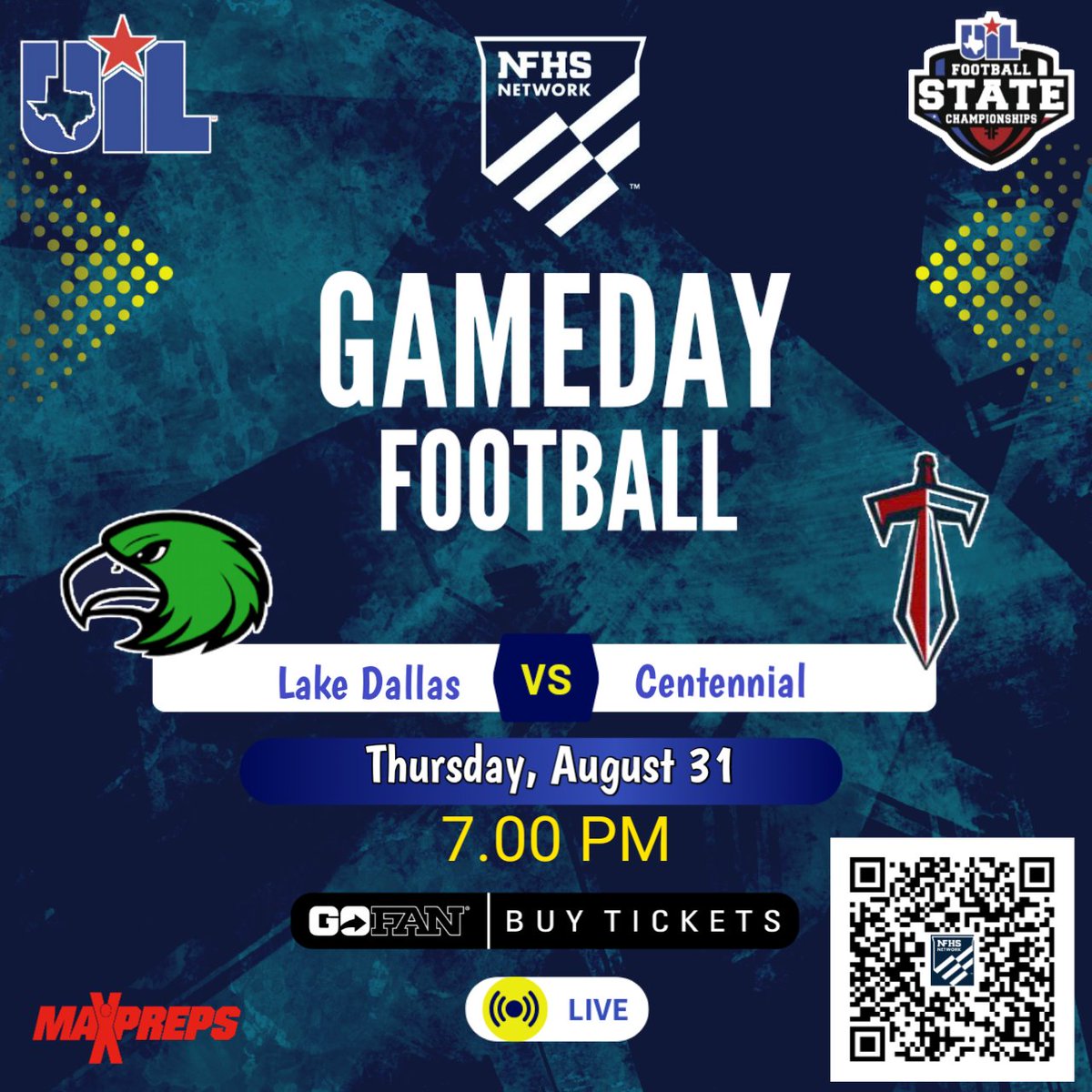 🏆UIL TEXAS FOOTBALL 
🏈 Lake Dallas vs Centennial
📽️ Live Streaming - bit.ly/3Pj9Dd3
📅Thursday, August 31 @ 7p.
<a href="/recruitLD/">Lake Dallas Football</a> <a href="/LakeDallasISD/">Lake Dallas ISD</a> <a href="/27hometeam/">Dudley McAfee</a> <a href="/LDHS_ATs/">Lake Dallas Athletic Training</a> <a href="/LakeDallasHigh/">Lake Dallas High</a> <a href="/LDISDAthletics/">Lake Dallas ISD Athletics</a> <a href="/dos_bryce/">Bryce Thurman</a> <a href="/jack_bryant4/">jack</a> <a href="/Tess_Shittu3/">Tesleem “Tess” Shittu</a> <a href="/Chris_Board27/">Chris Board</a> <a href="/Jackson_ek2/">Jackson Kirk</a>