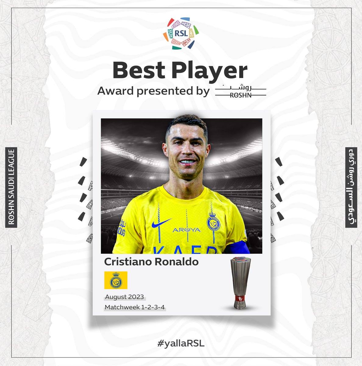 Roshn Saudi League (@spl_en) on Twitter photo β½ 5 goals
π
°οΈ 2 assists
The winner of the #RoshnSaudiLeague Player of the Month for August is <a href="/Cristiano/">Cristiano Ronaldo</a>! πͺ
#yallaRSL β½ 5 goals
π
°οΈ 2 assists
The winner of the #RoshnSaudiLeague Player of the Month for August is <a href="/Cristiano/">Cristiano Ronaldo</a>! πͺ
#yallaRSL